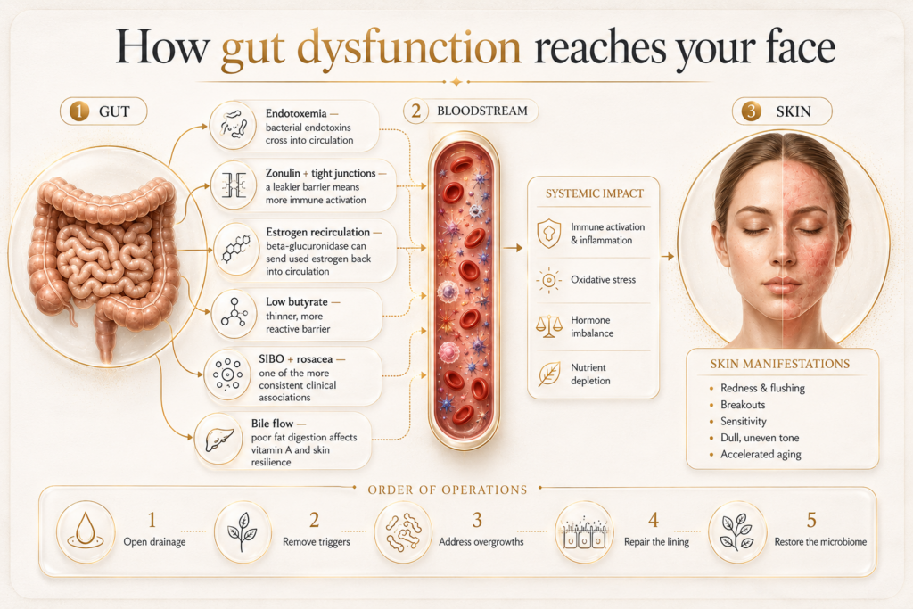 Diagram of the gut skin axis showing how endotoxins, hormone recirculation, and immune activation reach the skin