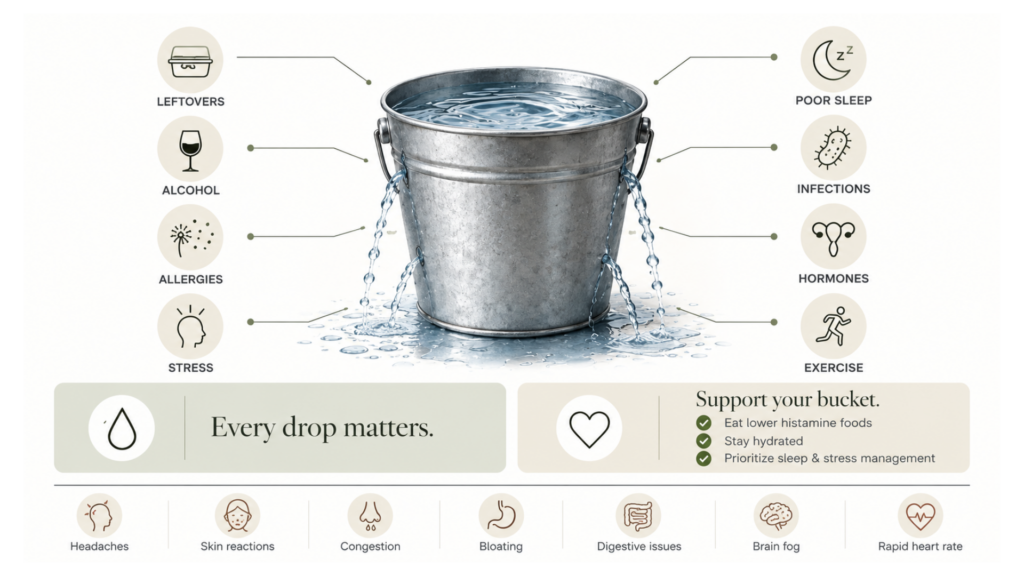 Histamine bucket diagram showing what fills it: leftovers, alcohol, allergies, stress, poor sleep, infections, hormones and exercise 